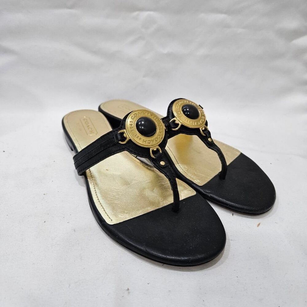 Coach Rumor Thong Sandals Womens 7.5 B Black Leather Gold Coin Logo Flip Flops